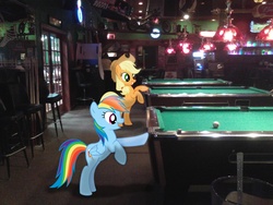 Size: 2048x1536 | Tagged: safe, artist:tokkazutara1164, applejack, rainbow dash, g4, atm, bar, chair, irl, photo, ponies in real life, pool table, shipping, vector