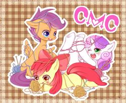 Size: 1100x900 | Tagged: safe, artist:yuzuko, apple bloom, scootaloo, sweetie belle, earth pony, pegasus, pony, unicorn, behaving like a cat, cute, cutie mark crusaders, floppy ears, pixiv, stuck, tangled up, wool, yarn, yarn ball