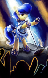 Size: 1791x2874 | Tagged: safe, artist:eiolf, sapphire shores, earth pony, pony, g4, clothes, female, hat, hoof shoes, mare, microphone, performance, solo, stage