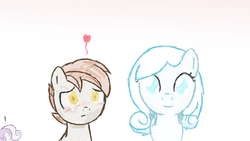 Size: 1024x576 | Tagged: safe, artist:kittykai-art, button mash, sweetie belle, oc, oc:snowdrop, g4, buttonbetes, colt, cute, female, filly, foal, heart, jealous, male, nervous, shipping, snowbetes, time paradox