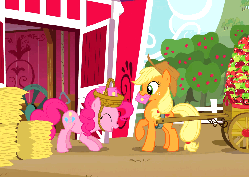 Size: 759x540 | Tagged: safe, screencap, applejack, pinkie pie, pony, g4, party of one, animated, basket hat, female, hat, hoofy-kicks, hyperactive, jumping, pronking