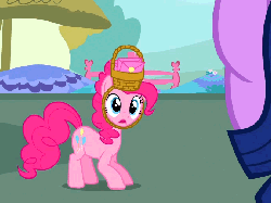 Size: 676x506 | Tagged: safe, screencap, pinkie pie, twilight sparkle, g4, party of one, animated, basket hat, faic, female, hat, jumping