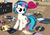 Size: 5001x3545 | Tagged: safe, artist:starbolt-81, dj pon-3, vinyl scratch, female, headphones, interior, magic, messy, music, record, solo, turntable