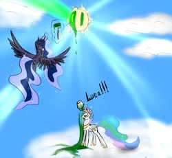 Size: 1667x1531 | Tagged: safe, artist:spacehunt, princess celestia, princess luna, alicorn, pony, g4, cloud, cloudy, flying, fun, glowing, glowing horn, green, horn, magic, paint, paint on fur, prank, sisters, sky, sun, tangible heavenly object, telekinesis, this will end in tears and/or a journey to the moon