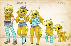 Size: 3000x1941 | Tagged: safe, artist:shepherd0821, oc, oc only, oc:ticket, alicorn, human, pony, anthro, semi-anthro, unguligrade anthro, alicorn oc, anthro chart, anthro oc, anthro with ponies, armpits, backwards ballcap, baseball cap, belly button, bipedal, chart, cleavage, clothes, female, hat, humanized, light skin, line-up, midriff, shiny, shorts, socks, solo, sports panties, stockings, striped socks