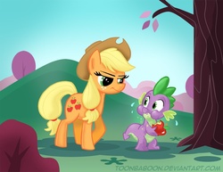 Size: 825x638 | Tagged: safe, artist:toonbaboon, applejack, spike, g4, apple, caught, tree