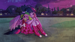 Size: 1000x563 | Tagged: safe, artist:hopelord, spike, twilight sparkle, equestria girls, g4, cute, fall formal outfits, ponied up, scene interpretation, spikabetes, spikelove, twiabetes