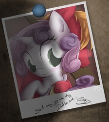 Size: 795x888 | Tagged: safe, artist:sip, big macintosh, sweetie belle, earth pony, pony, g4, blushing, crying, male, photo, ship:sweetiemac, shipping, stallion, straight