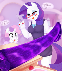 Size: 978x1124 | Tagged: safe, artist:isabeau, rarity, sweetie belle, anthro, g4, breasts, busty rarity, fabric, female, glasses, scissors