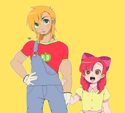 Size: 1280x1162 | Tagged: safe, artist:moyori, apple bloom, big macintosh, human, g4, apple siblings, clothes, gloves, humanized, light skin, overalls