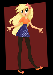 Size: 3000x4243 | Tagged: safe, artist:aaplepieeru, applejack, equestria girls, g4, alternate clothes, beautiful, blonde, clothes, cute, dress, female, happy, hatless, jackabetes, missing accessory, pantyhose, ribbon, smiling, solo