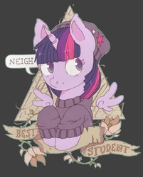 Size: 1280x1596 | Tagged: safe, artist:lonelycross, twilight sparkle, alicorn, pony, g4, beanie, clothes, cute, female, floating wings, gray background, hat, looking away, mare, neigh, old banner, one word, simple background, smiling, solo, speech bubble, student, sweater, triangle, twilight sparkle (alicorn)