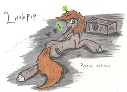 Size: 2156x1573 | Tagged: safe, artist:zubias, oc, oc only, oc:littlepip, pony, unicorn, fallout equestria, butt, fanfic, fanfic art, female, fluffy, glowing horn, hooves, horn, levitation, lock, magic, mare, mouth hold, plot, screwdriver, solo, telekinesis, traditional art