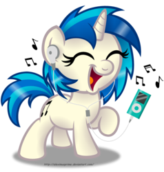 Size: 1024x1075 | Tagged: safe, artist:aleximusprime, dj pon-3, vinyl scratch, pony, unicorn, g4, cute, earbuds, female, ipod, mp3 player, music notes, simple background, solo, transparent background