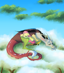 Size: 969x1096 | Tagged: safe, artist:c-puff, discord, fluttershy, draconequus, pegasus, pony, g4, chaos, cloud, cloudy, cute, discute, eyes closed, female, male, mare, ship:discoshy, shipping, shyabetes, sleeping, smiling, snuggling, straight, tree