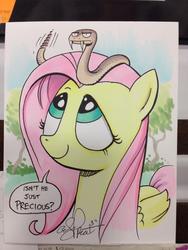 Size: 768x1024 | Tagged: safe, artist:andy price, fluttershy, pit viper, rattlesnake, snake, g4, female, solo, traditional art