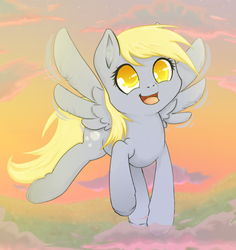 Size: 763x807 | Tagged: safe, artist:e-pon, derpy hooves, pegasus, pony, g4, cloud, cloudy, cute, female, fluffy, flying, looking at you, mare, open mouth, sky, smiling, solo, spread wings