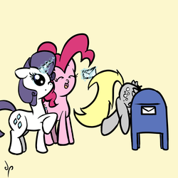 Size: 2500x2500 | Tagged: safe, artist:doggonepony, derpy hooves, pinkie pie, rarity, pegasus, pony, g4, derpy inside a mailbox, female, letter, magic, mailbox, mare, stuck