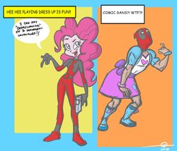 Size: 1126x966 | Tagged: safe, pinkie pie, equestria girls, g4, accessory swap, clothes, clothes swap, comic sans, cosplay, costume, crossdressing, crossover, deadpool, female, gun, male, marvel, pinkiepool, skirt, weapon