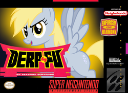 Size: 1000x726 | Tagged: safe, artist:nickyv917, derpy hooves, pegasus, pony, g4, box art, ea, electronic arts, female, mare, parody, shaq-fu, solo, super nintendo