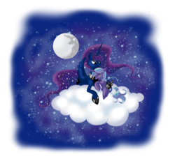 Size: 1024x947 | Tagged: safe, artist:allocen, princess luna, oc, oc:satur, g4, cloud, hug, moon, night