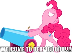 Size: 2594x1926 | Tagged: safe, pinkie pie, derpibooru, g4, female, image macro, party cannon, solo