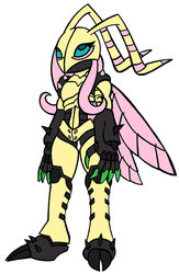 Size: 722x1107 | Tagged: safe, artist:c8lin-the-hedgie, fluttershy, g4, blue eyes, colored sclera, colored wings, corrupted, crossover, digimon, digimonized, fanfic art, female, simple background, solo, vespimon, white background