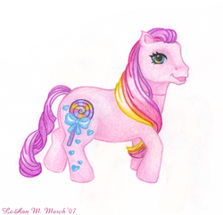 Size: 553x534 | Tagged: safe, artist:foreverrogue, swirlypop, earth pony, pony, g3, 2007, female, mare, open mouth, open smile, smiling, solo, toy interpretation, traditional art