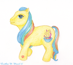 Size: 600x533 | Tagged: safe, artist:foreverrogue, alphabittle, earth pony, pony, g3, 2007, female, hoof heart, mare, simple background, solo, toy interpretation, traditional art, underhoof, white background