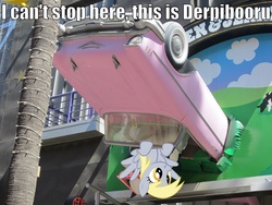 Size: 2581x1936 | Tagged: safe, artist:waycool64, derpy hooves, pegasus, pony, derpibooru, g4, 57 chevy, ben & jerry's, car, chevrolet, convertible, fear and loathing in las vegas, female, image macro, mare, scrunchy face, upside down, we can't stop here this is bat country