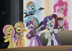 Size: 3450x2439 | Tagged: safe, artist:template93, applejack, fluttershy, pinkie pie, rainbow dash, rarity, twilight sparkle, pony, g4, band, bass guitar, bipedal, commission, drums, flute, guitar, high res, hilarious in hindsight, musical instrument, shakuhachi, shamisen, stage
