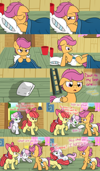 Size: 2200x3750 | Tagged: safe, artist:fillyscoots42, apple bloom, scootaloo, sweetie belle, earth pony, pegasus, pony, unicorn, ask crinkleloo, g4, comic, crinkleloo, cutie mark crusaders, diaper, diaper fetish, diaper usage, diaperloo, female, filly, foal, mare, non-baby in diaper, pissing, soaked diaper, urine, used diaper, using diaper, wet diaper, wetting diaper