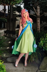 Size: 852x1280 | Tagged: safe, artist:areihanai, fluttershy, human, g4, animation on display, clothes, cosplay, dress, gala dress, irl, irl human, photo, solo