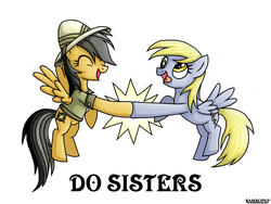 Size: 1024x768 | Tagged: safe, artist:rambopvp, daring do, derpy hooves, pegasus, pony, g4, female, headcanon, mare, sisters