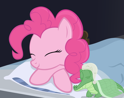 Size: 502x400 | Tagged: artist needed, safe, gummy, pinkie pie, alligator, earth pony, pony, g4, bed, duo, duo male and female, eyes closed, female, hat, male, mare, nightcap, pillow, sleeping, smiling