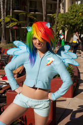Size: 2016x3024 | Tagged: safe, artist:ladymella, rainbow dash, human, g4, anime la, belly button, clothes, cosplay, irl, irl human, jacket, midriff, multicolored hair, photo, rainbow hair, shorts, solo