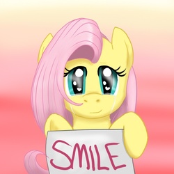 Size: 600x600 | Tagged: safe, artist:masquarade, fluttershy, g4, crying, female, puppy dog eyes, sign, smiling, solo