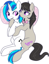 Size: 352x461 | Tagged: safe, artist:lulubell, dj pon-3, octavia melody, vinyl scratch, earth pony, pony, unicorn, g4, bowtie, cuddling, cute, duo, female, kissing, lesbian, mare, pillow, ship:scratchtavia, shipping, simple background, snuggling, spooning, tavibetes, transparent background, vinylbetes