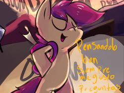 Size: 1024x768 | Tagged: safe, scootaloo, pegasus, pony, g4, backpack, bipedal, eyes closed, female, open mouth, solo, spanish