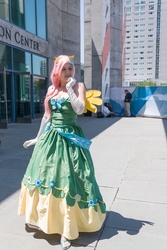 Size: 683x1024 | Tagged: safe, artist:ringo-chu, fluttershy, human, g4, clothes, cosplay, dress, evening gloves, fanimecon, gala dress, irl, irl human, photo, solo