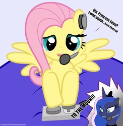 Size: 1950x2001 | Tagged: safe, artist:greaterlimit, fluttershy, princess luna, alicorn, pegasus, pony, gamer luna, g4, female, gamershy, headphones, mare, this will end in tears and/or a journey to the moon, to the moon