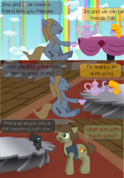 Size: 686x984 | Tagged: safe, peewee, oc, earth pony, phoenix, pony, g4, dethklop, phoenix chick, tea party