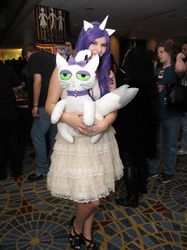 Size: 487x650 | Tagged: safe, artist:squibbers, opalescence, rarity, human, g4, convention, cosplay, dragon con, irl, irl human, photo, plushie