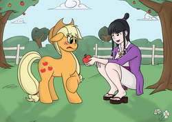 Size: 1610x1138 | Tagged: safe, artist:hamflo, applejack, human, g4, ace attorney, apple, crossover, maya fey