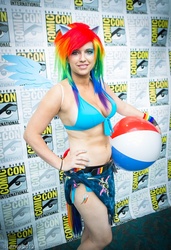 Size: 614x900 | Tagged: artist needed, safe, rainbow dash, human, g4, beach ball, belly button, cleavage, comic con, cosplay, female, irl, irl human, photo, san diego comic con, solo