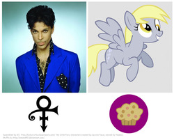 Size: 854x687 | Tagged: safe, derpy hooves, human, pegasus, pony, g4, background pony, female, food, irl, irl human, love symbol, mare, muffin, photo, prince (musician)
