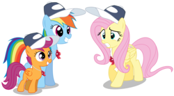 Size: 6000x3312 | Tagged: safe, artist:masem, fluttershy, rainbow dash, scootaloo, pegasus, pony, g4, baseball cap, cap, coach, coach rainbow dash, coach scootaloo, female, grin, hat, rainbow dashs coaching whistle, siblings, simple background, sisters, smiling, sports, trainer, training, transparent background, trio, vector, whistle, white background