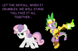 Size: 2445x1610 | Tagged: safe, spike, sweetie belle, g4, adele, armor, female, james bond, male, ship:spikebelle, shipping, skyfall, song reference, straight