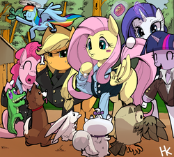 Size: 1661x1493 | Tagged: safe, artist:cakewasgood, applejack, fluttershy, gummy, opalescence, owlowiscious, pinkie pie, rainbow dash, rarity, tank, twilight sparkle, winona, alligator, bird, cat, dog, earth pony, owl, pegasus, pony, rabbit, tortoise, unicorn, g4, ^^, album cover, animal, applejack's hat, blushing, bone, clothes, cowboy hat, eyes closed, female, flying, freckles, glowing, glowing horn, hat, horn, magic, magic aura, mane six, mare, open mouth, pet sounds, pets, ponified, ponified album cover, signature, sitting, spread wings, telekinesis, the beach boys, tree, wings