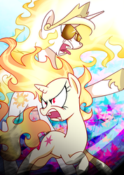 Size: 2480x3507 | Tagged: safe, artist:gashiboka, princess celestia, twilight sparkle, rapidash, g4, angry, fire, glare, mane of fire, open mouth, pointing, prime celestia, ragelestia, raised hoof, rapidash twilight, sunglasses, tongue out, wide eyes